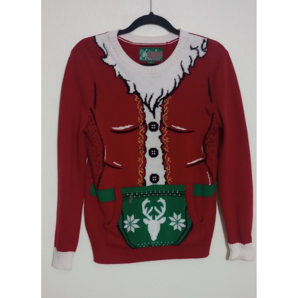 Ugly Christmas Sweater Santa Suit Reindeer Red Knit Pullover Women's Small